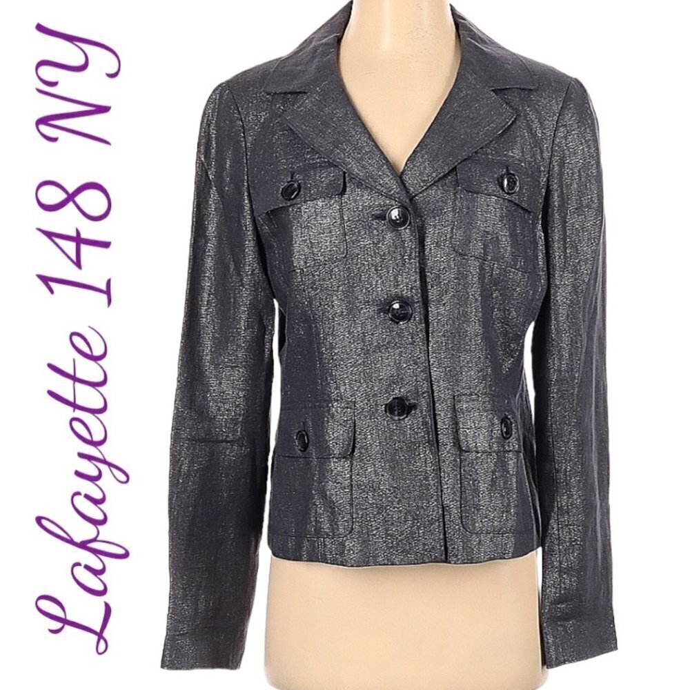 LAFAYETTE 148‎ NY 100% Linen Charcoal Gray Metallic Silver Blazer Jacket, Size 4